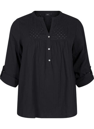 Zizzi Bomullsbluse med engelsk broderi og 3/4-ermer, Black, Packshot image number 0