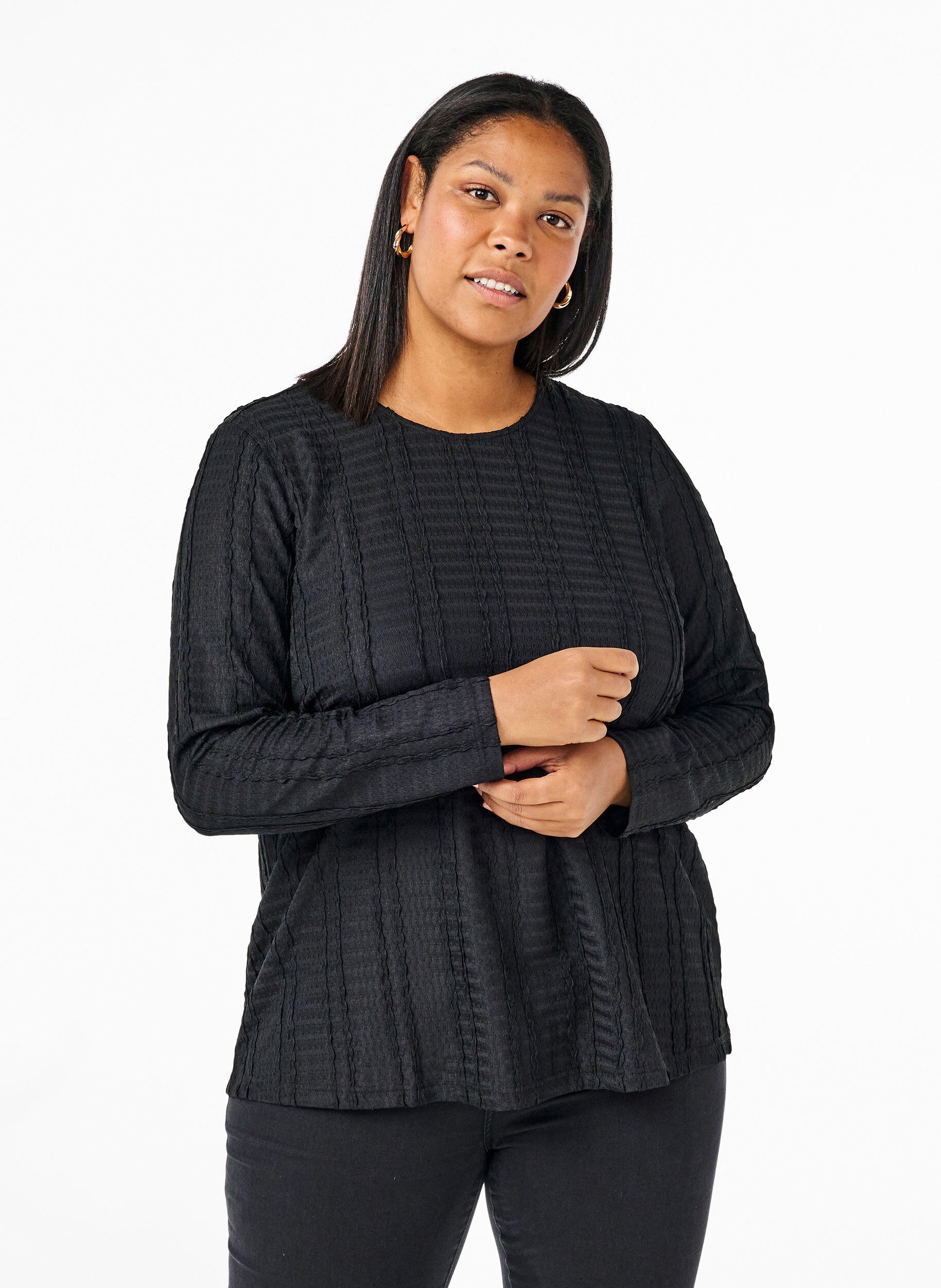 Zizzi Langermet bluse med tekstur, Black, Model image number 0