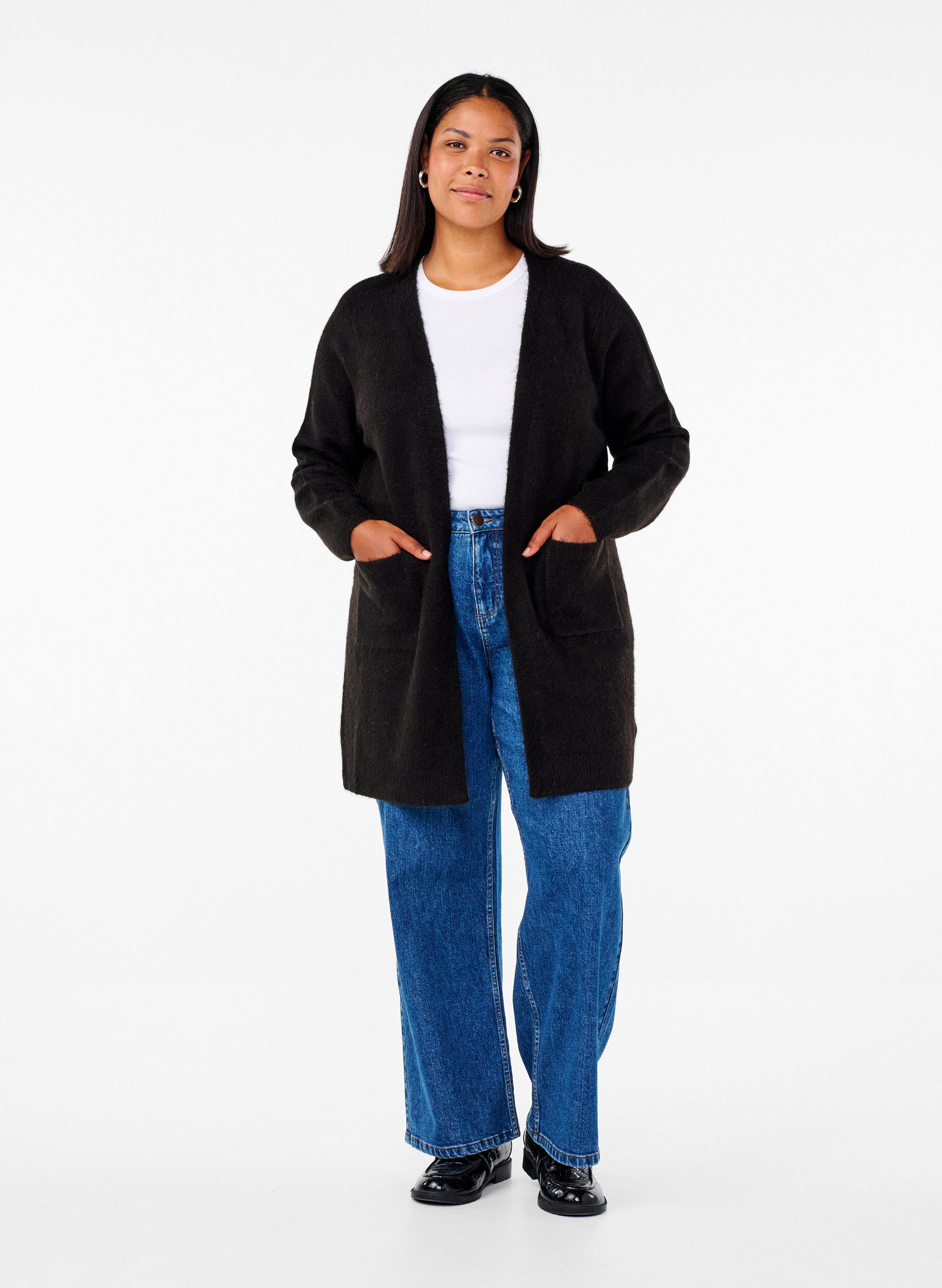 Zizzi Lang strikket cardigan med lommer, Svart, Model image number 1