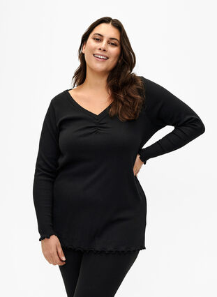 Zizzi Ribbestrikket bluse med lange ermer og V-hals, Black, Model image number 0