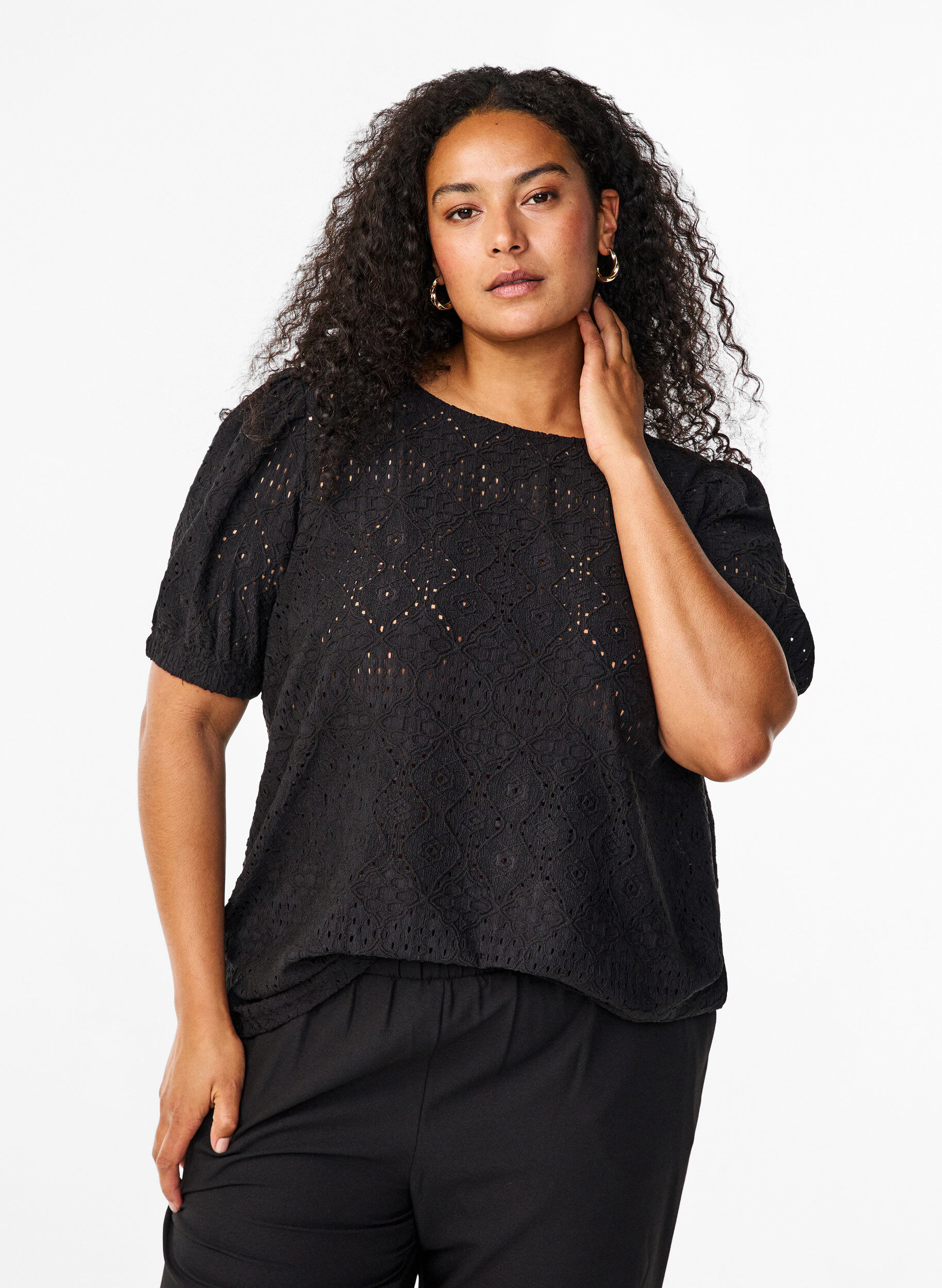ZizziKortermet bluse med blondem&oslash;nster, Black, Model image number 0