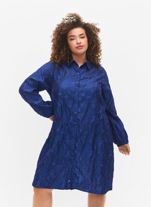 Lang jacquard skjorte, Mazarine Blue, Model image number 0