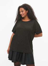 Kortermet bluse i viskose med glitter, Black Shimmer, Model