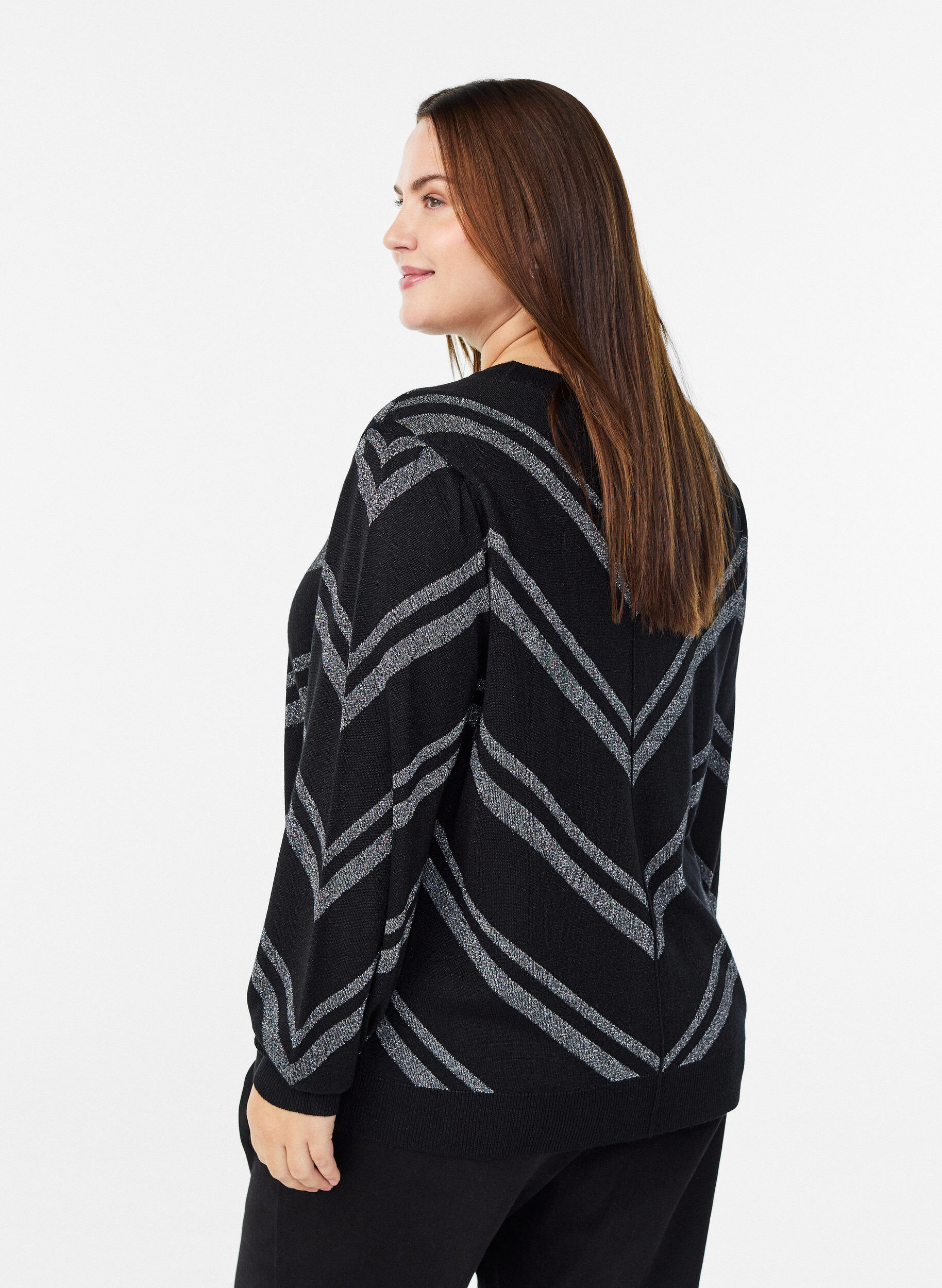 Zizzi M&oslash;nstret strikkebluse med glittereffekt, Svart, Model image number 2