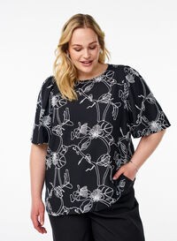 Kortermet bluse med brodert mønster, Svart Kortermet bluse med brodert mønster, Svart, Model