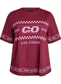 Oversize T-skjorte med sporty trykk, Mørk Bordeaux Oversize T-skjorte med sporty trykk