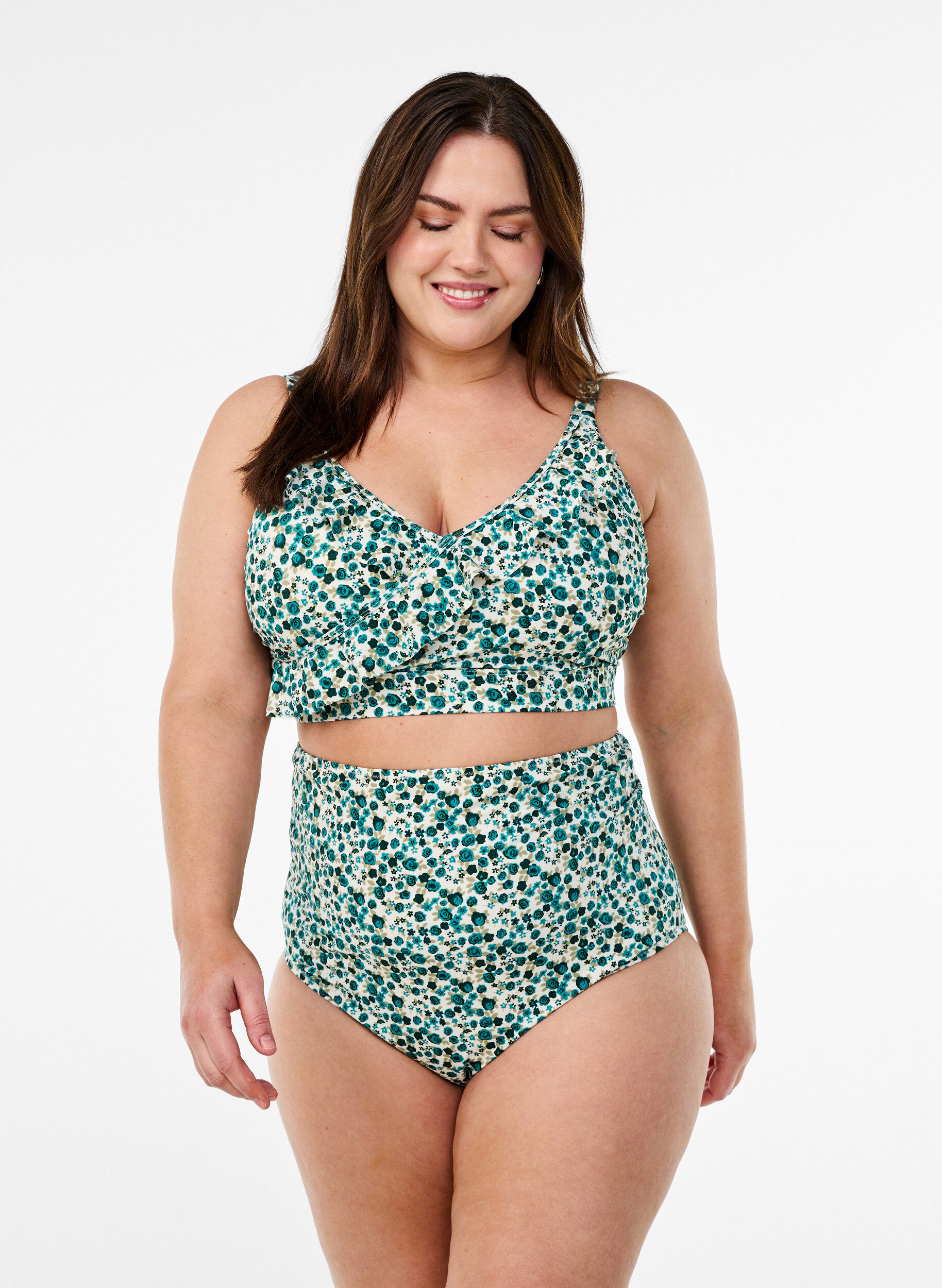 Zizzi Blomstrete bikinioverdel med volangdetaljer, Gr&oslash;nn, Model image number 1