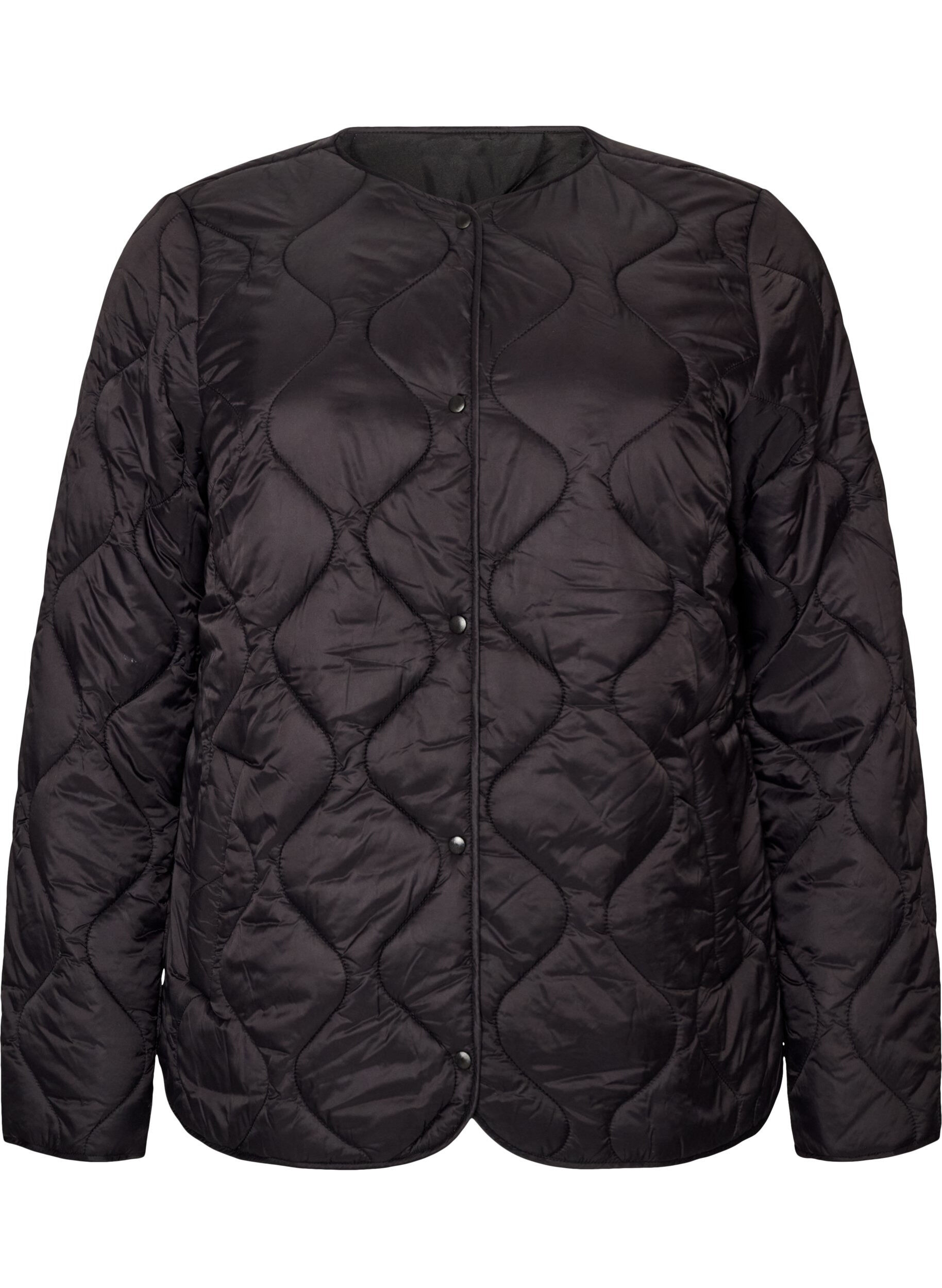 ZizziQuiltet jakke med trykknapper og rund hals, Svart, Packshot image number 0