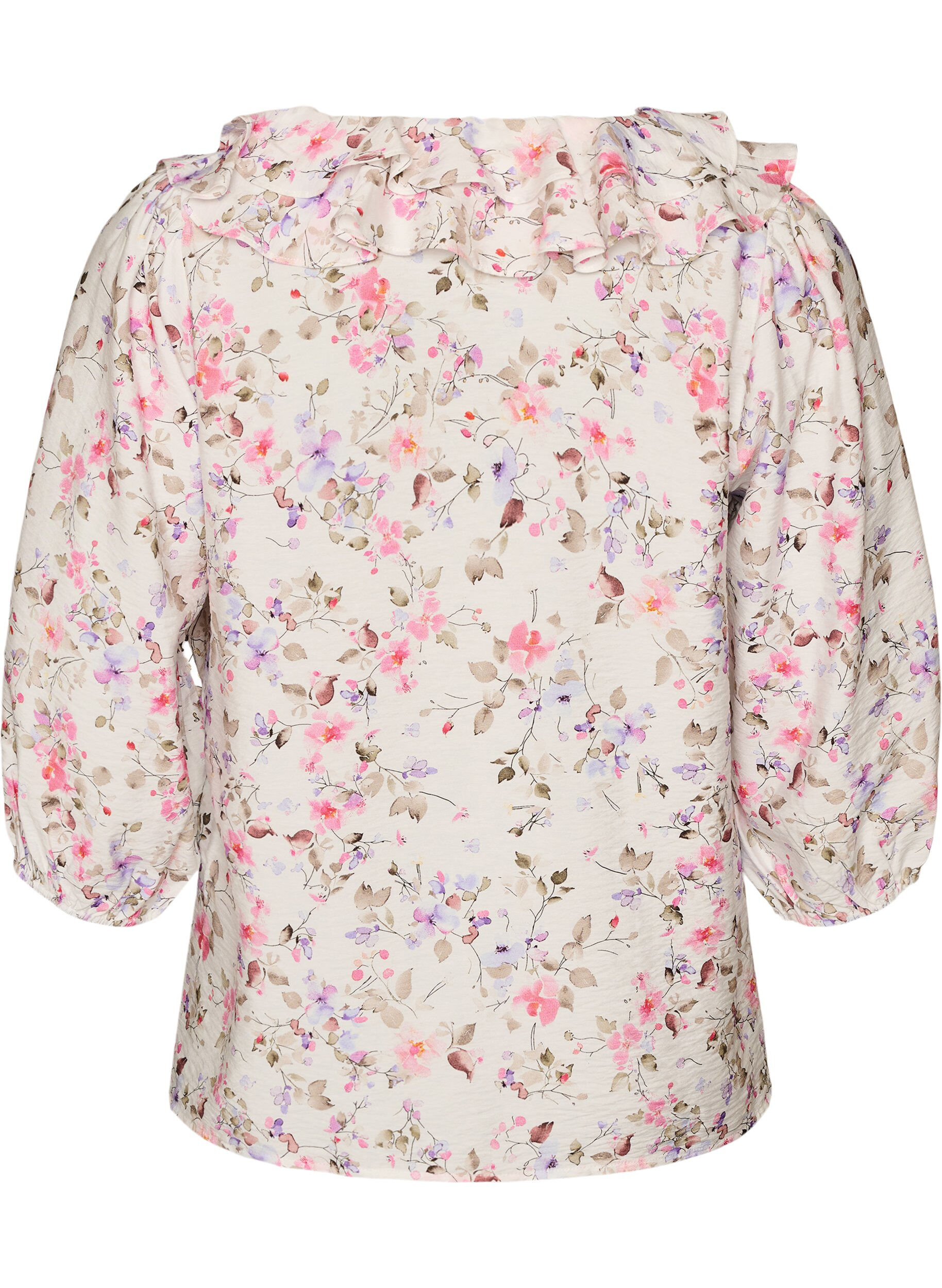 ZizziViskose bluse med blomstertrykk og 3/4 ermer, Vanilje, Packshot image number 1