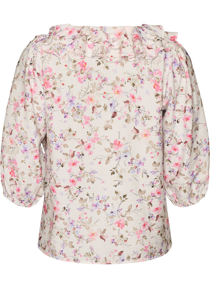 Viskose bluse med blomstertrykk og 3/4 ermer, Vanilje, Packshot image number 1
