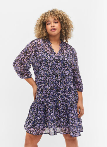 Tunika med blomstermønster og lurex, Purple Ditzy Flower, Model image number 0