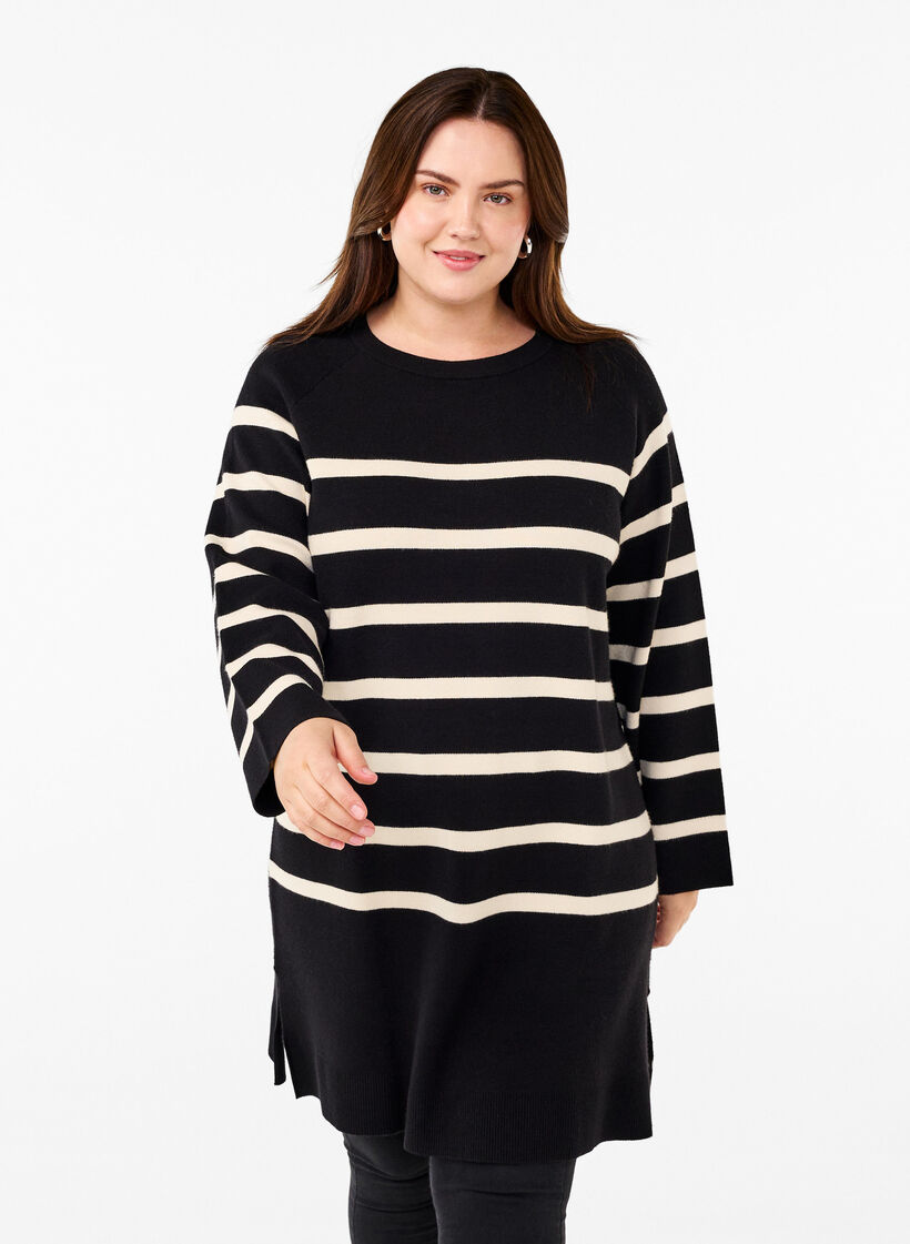 Strikkekjole med rund hals og splitt, Svart, Model image number 0