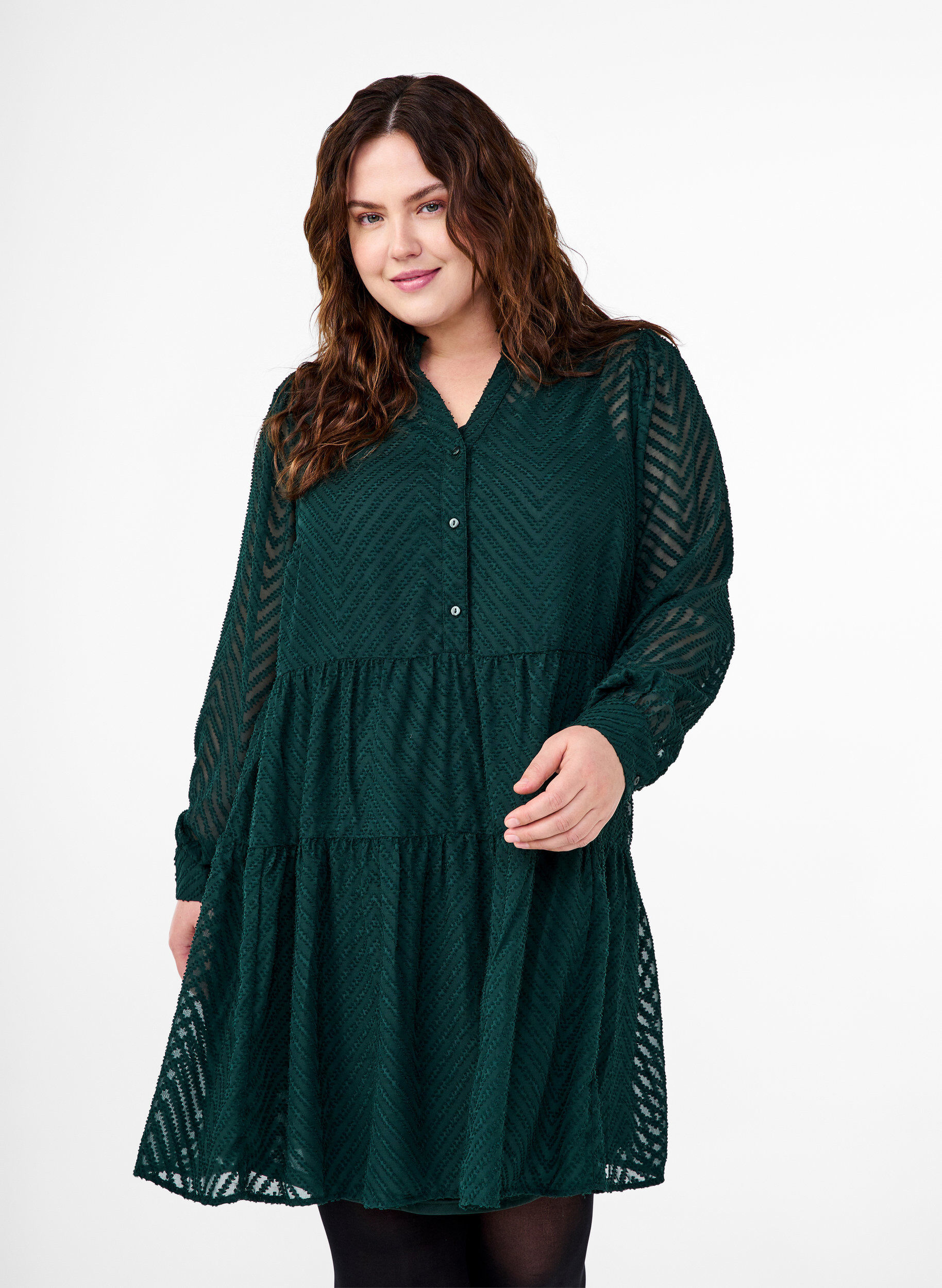 Zizzi Kort, strukturm&oslash;nstret kjole med volangkrage, Scarab, Model image number 0