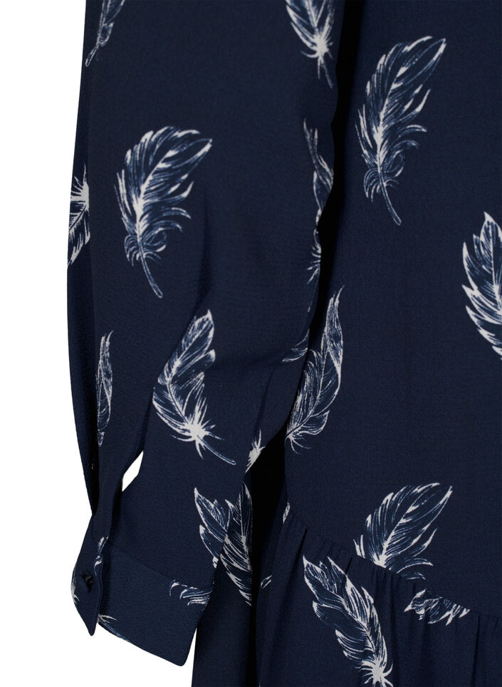 Midi-kjole med lange ermer, Navy B. Feather AOP, Packshot image number 3