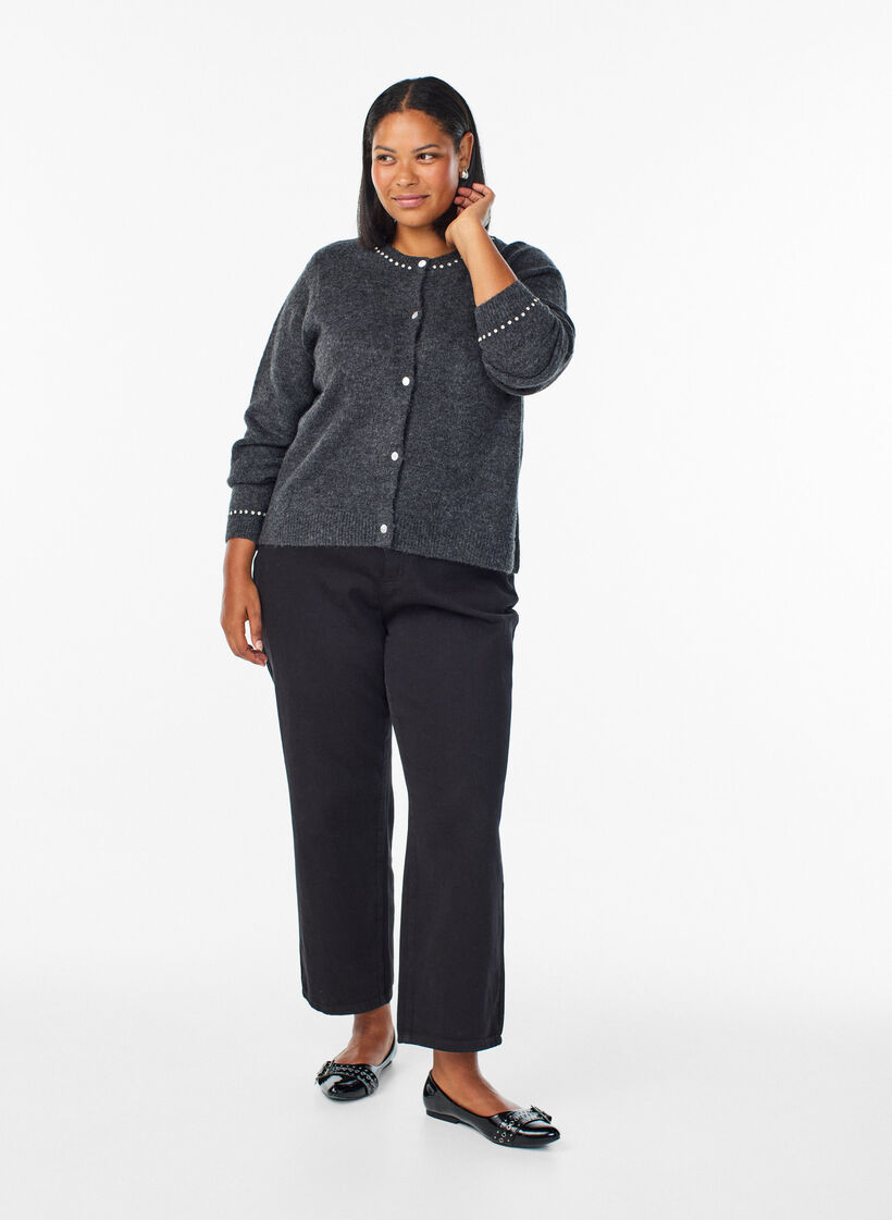 Cardigan med rhinesteiner og dekorative knapper, Grå, Model image number 1
