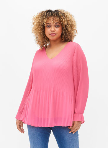 Bluse i plissé med V-hals, Hot Pink, Model image number 0