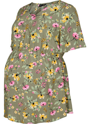 Blomstrete bluse til gravide i viskose, Green Flower Print, Packshot image number 0
