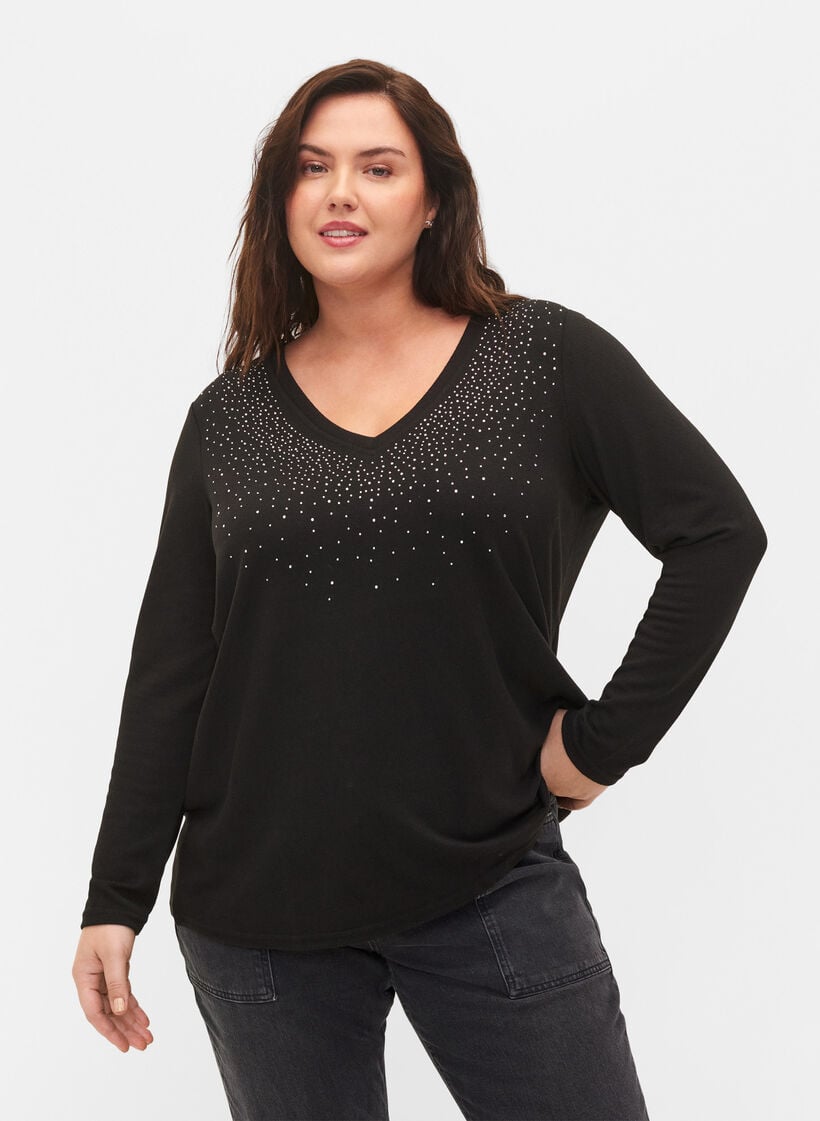 Bluse med similisten og lange ermer, Black, Model image number 0