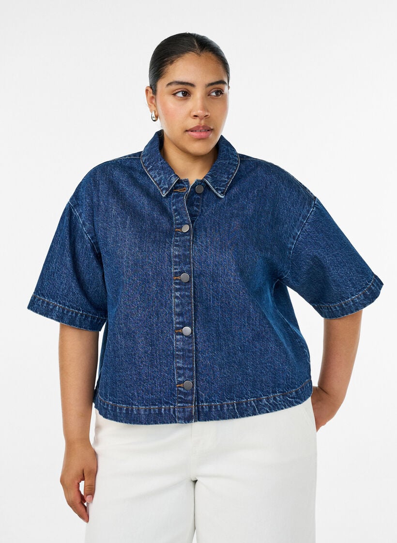 Kortermet denimjakke med knappelukking, Bl&aring;, Model image number 0