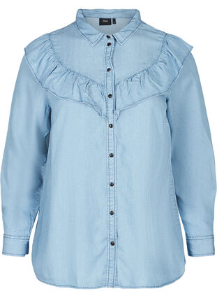 Denimskjorte i lyocell med volanger, Light blue denim ASS, Packshot image number 0