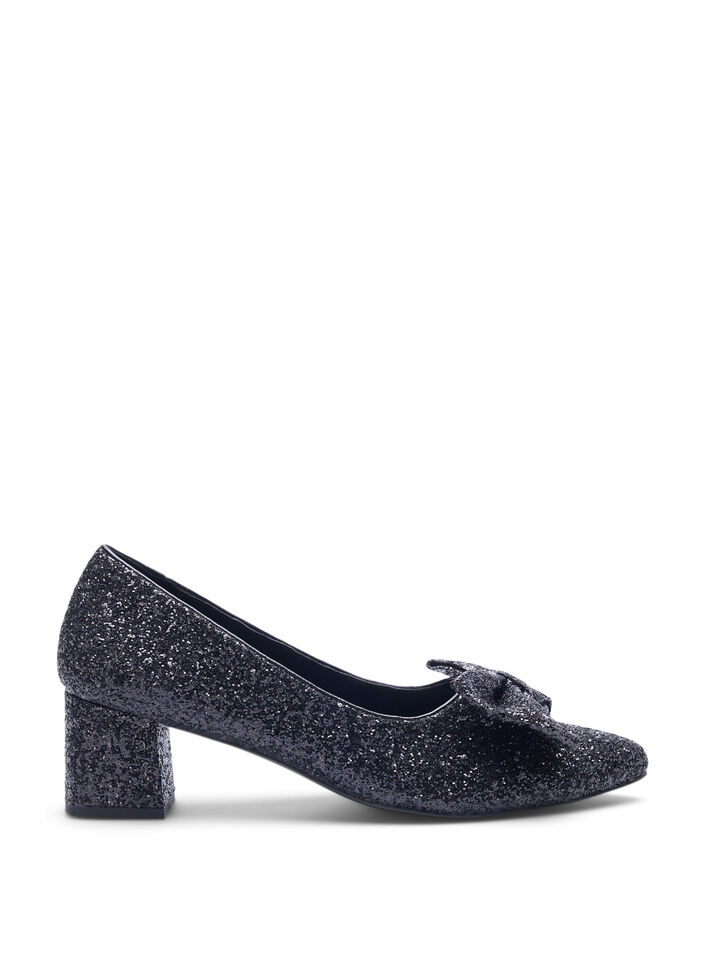 Wide fit - Glitterpumps med sløyfe, Svart, Packshot image number 0