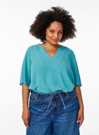 Kortermet bluse med V-hals, Grønn Kortermet bluse med V-hals, Grønn, Model