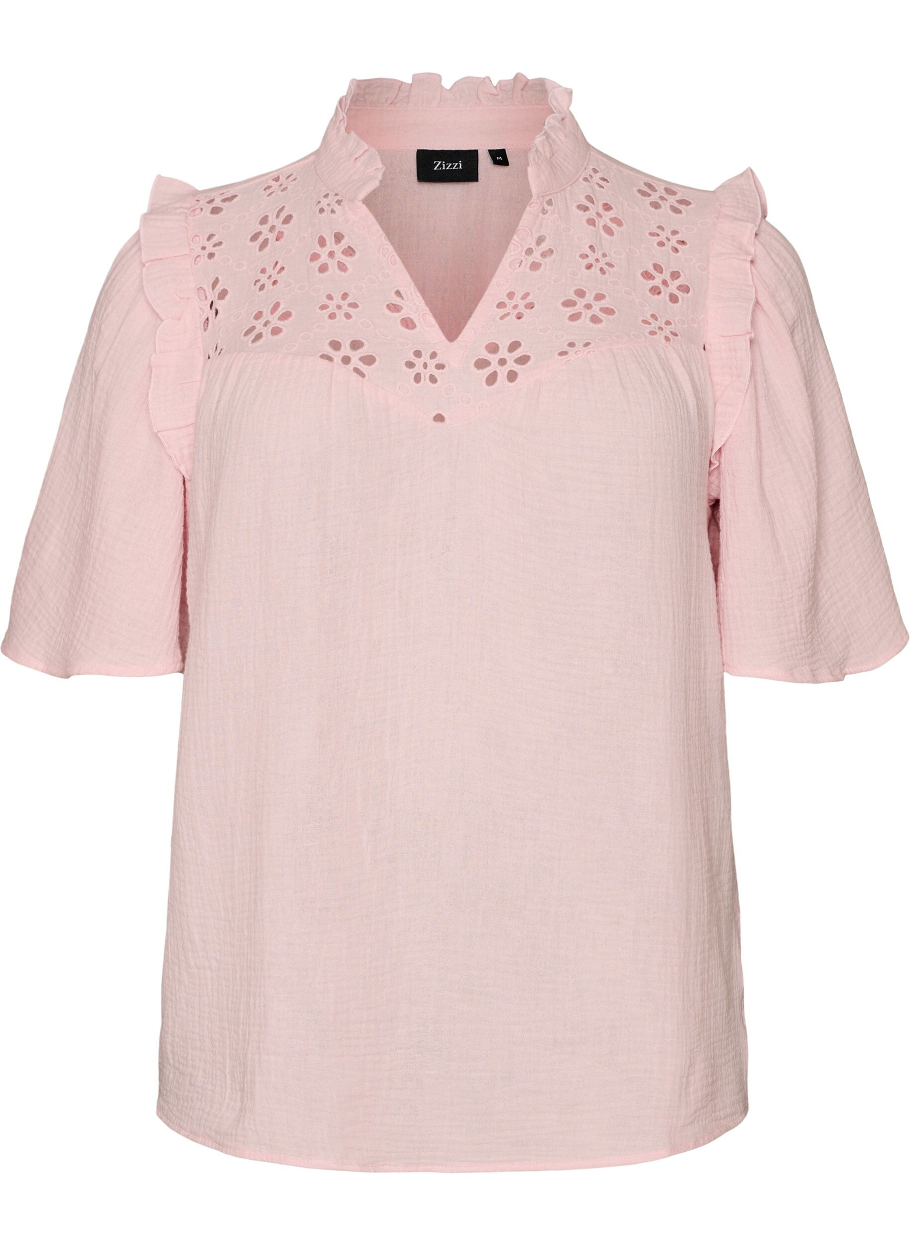 Bluse i bomullsmusselin med broderie anglaise og 1/2 ermer