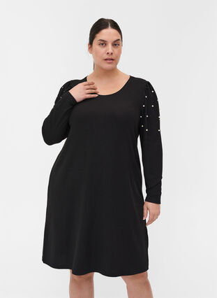 Kjole med lange puffermer og perler, Black, Model image number 0