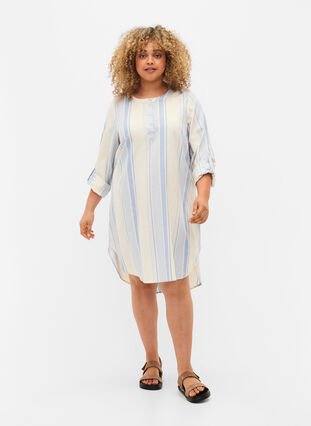 Zizzi Stripete kjole med lange ermer, Birch w. Stripes, Model image number 2