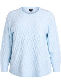 Strikkebluse med flettemønster og rund hals, Blå Strikkebluse med flettemønster og rund hals