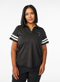 Sporty poloskjorte med stripete detaljer, Svart Sporty poloskjorte med stripete detaljer, Svart, Model