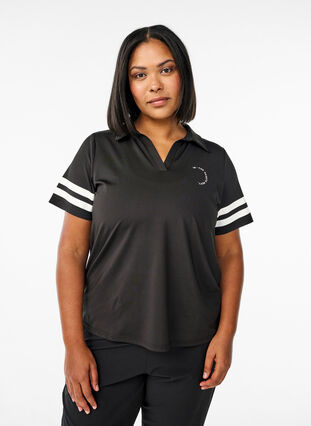 Zizzi Sporty poloskjorte med stripete detaljer, Svart, Model image number 0