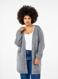 Lang strikket cardigan med lommer, Grå Lang strikket cardigan med lommer, Grå, Model