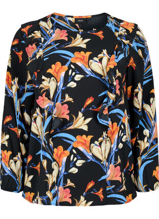 Bluse med lange ermer og volanger, Black Flower AOP, Packshot image number 0
