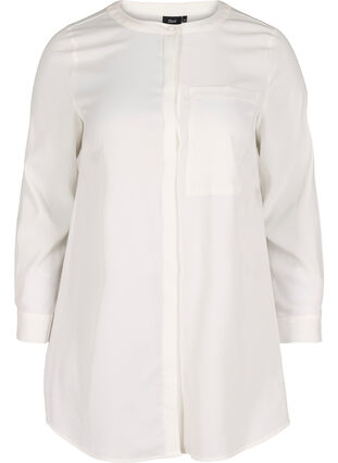 Lang ensfarget skjorte med brystlomme, Warm Off-white, Packshot image number 0