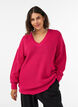 Lang ribbestrikket bluse med V-hals, Rosa, Model image number 0