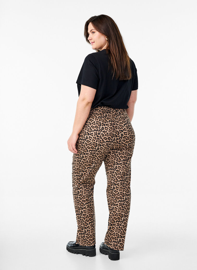 Leopardjeans med regular fit og vanlig midje, Brun, Model image number 1