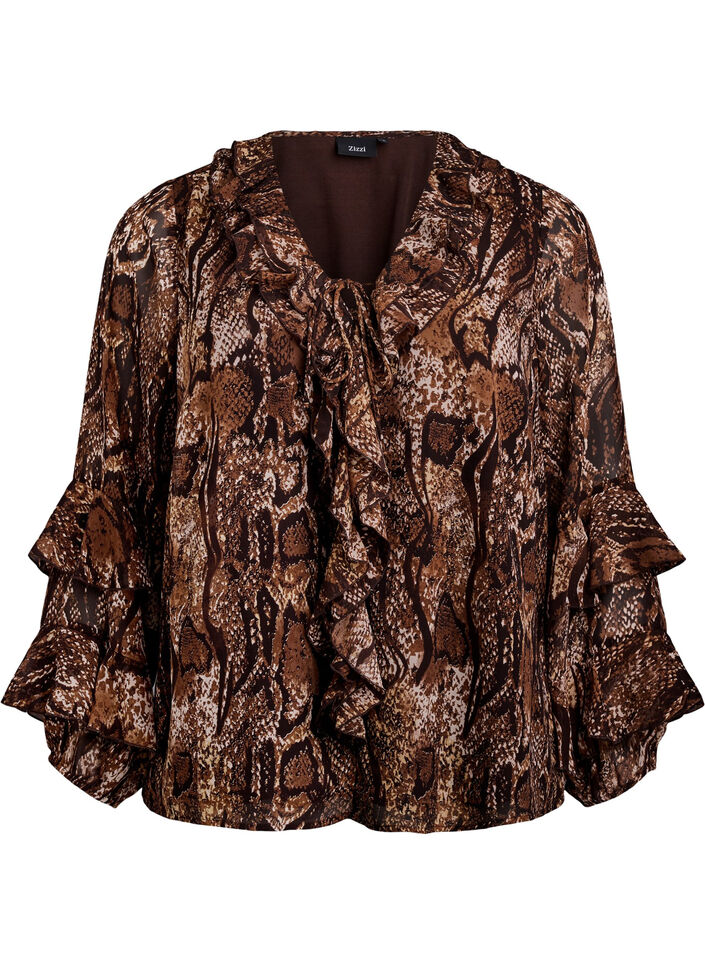 Bluse med dyretrykk og volanger, Brown Snake AOP, Packshot