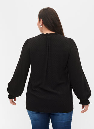 Langermet bluse med smock- og volangdetaljer, Black, Model image number 1