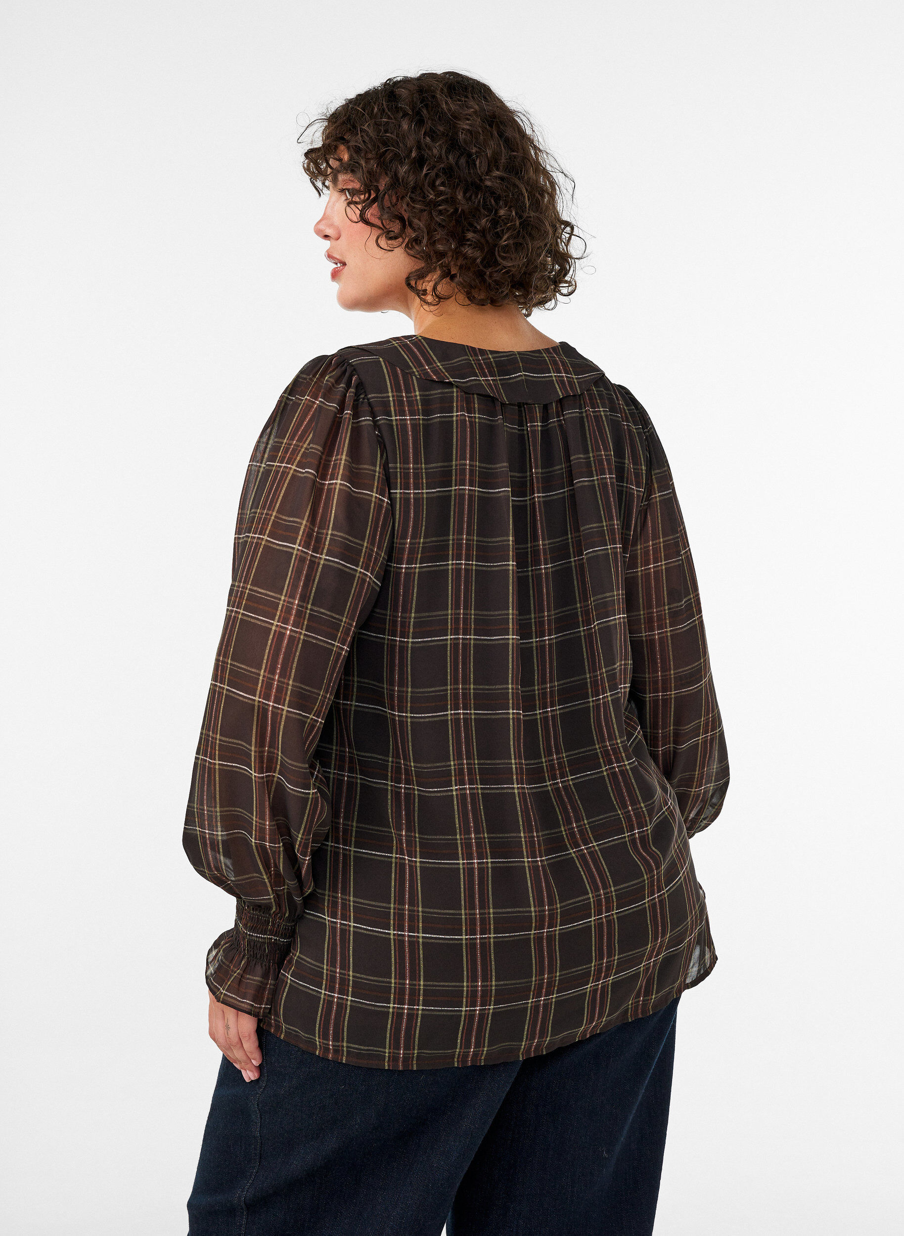 ZizziBluse med rutete og rysje detaljer, Gr&oslash;nn, Model image number 2