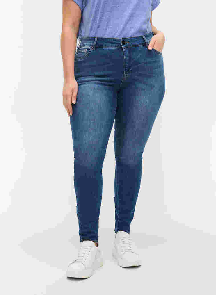 Super slim Amy jeans med sløyfe og glidelås, Dark blue, Model image number 3