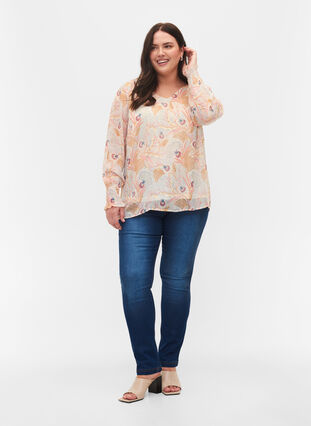 Blomstrete bluse med lange ermer og V-hals, Yellow/Pink AOP, Model image number 2