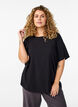 Vevet bluse med korte ermer og rund hals, Svart, Model image number 0