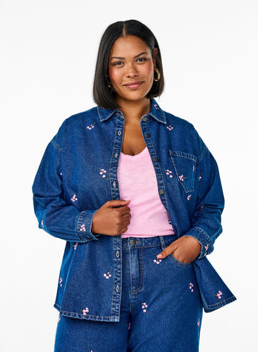 Zizzi Denimskjorte med broderte blomster, Blå, Model image number 0