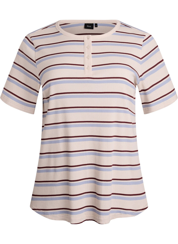Ribbet T-skjorte med striper og knappedetalj, Lilla, Packshot image number 0