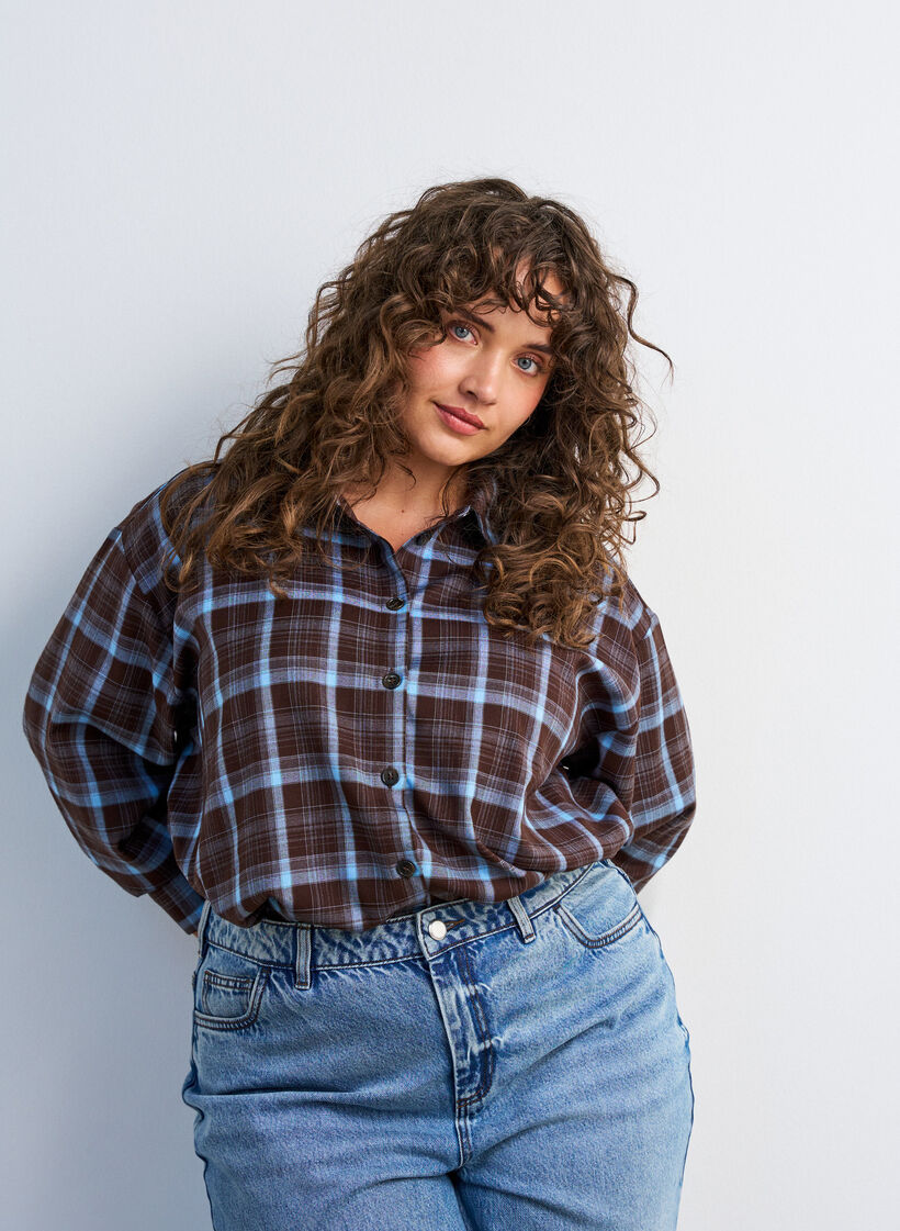 Rutete skjorte med Loose fit, Brun, Model image number 0