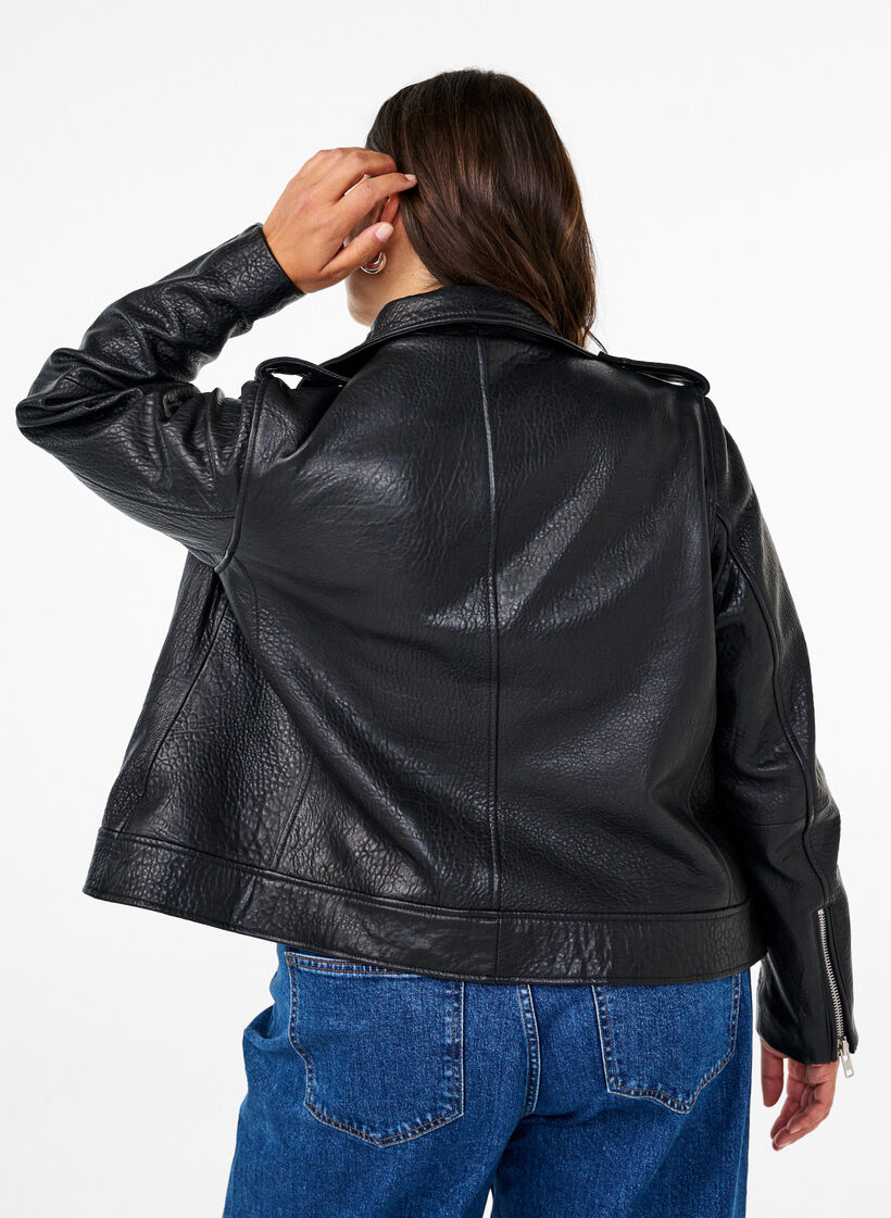 Bikerjakke i skinn med lommer, Black, Model image number 1