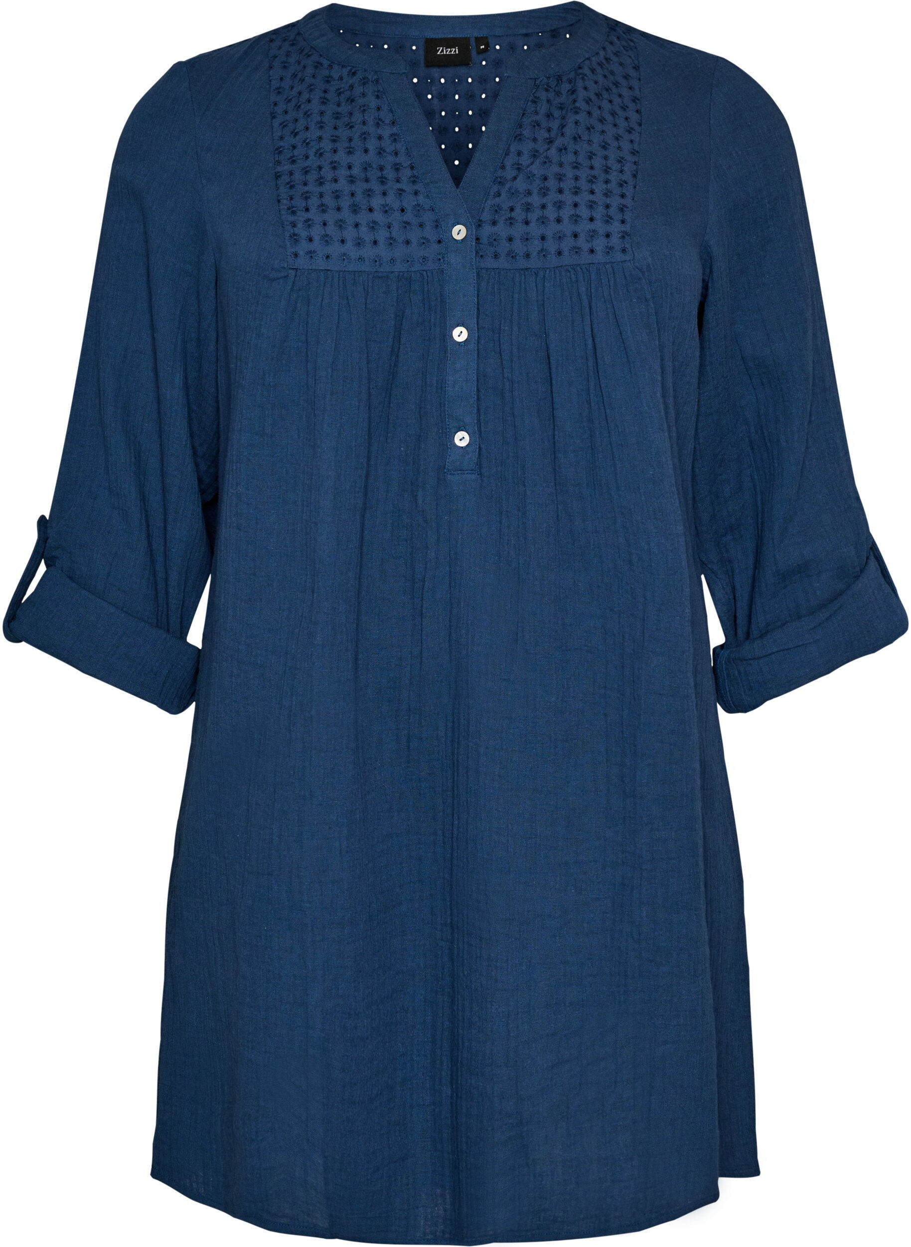 ZizziBomullsmuslin tunika med broderie anglaise, Bl&aring;, Packshot image number 0