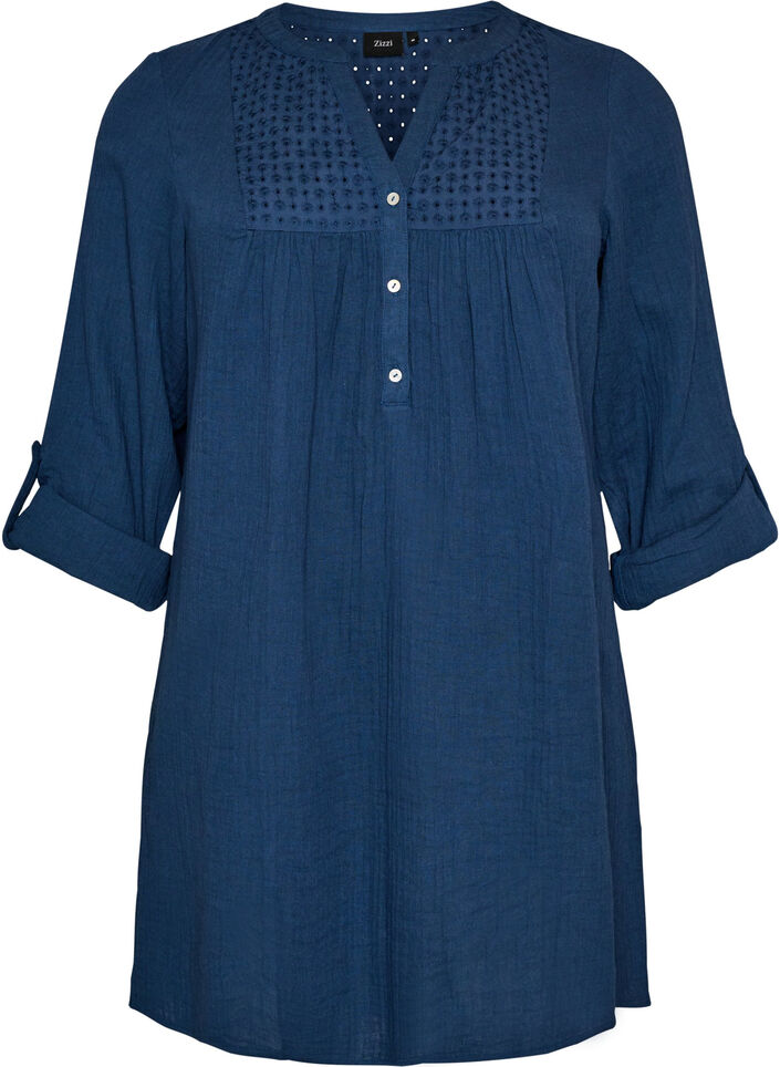 Bomullsmuslin tunika med broderie anglaise, Bl&aring;, Packshot image number 0