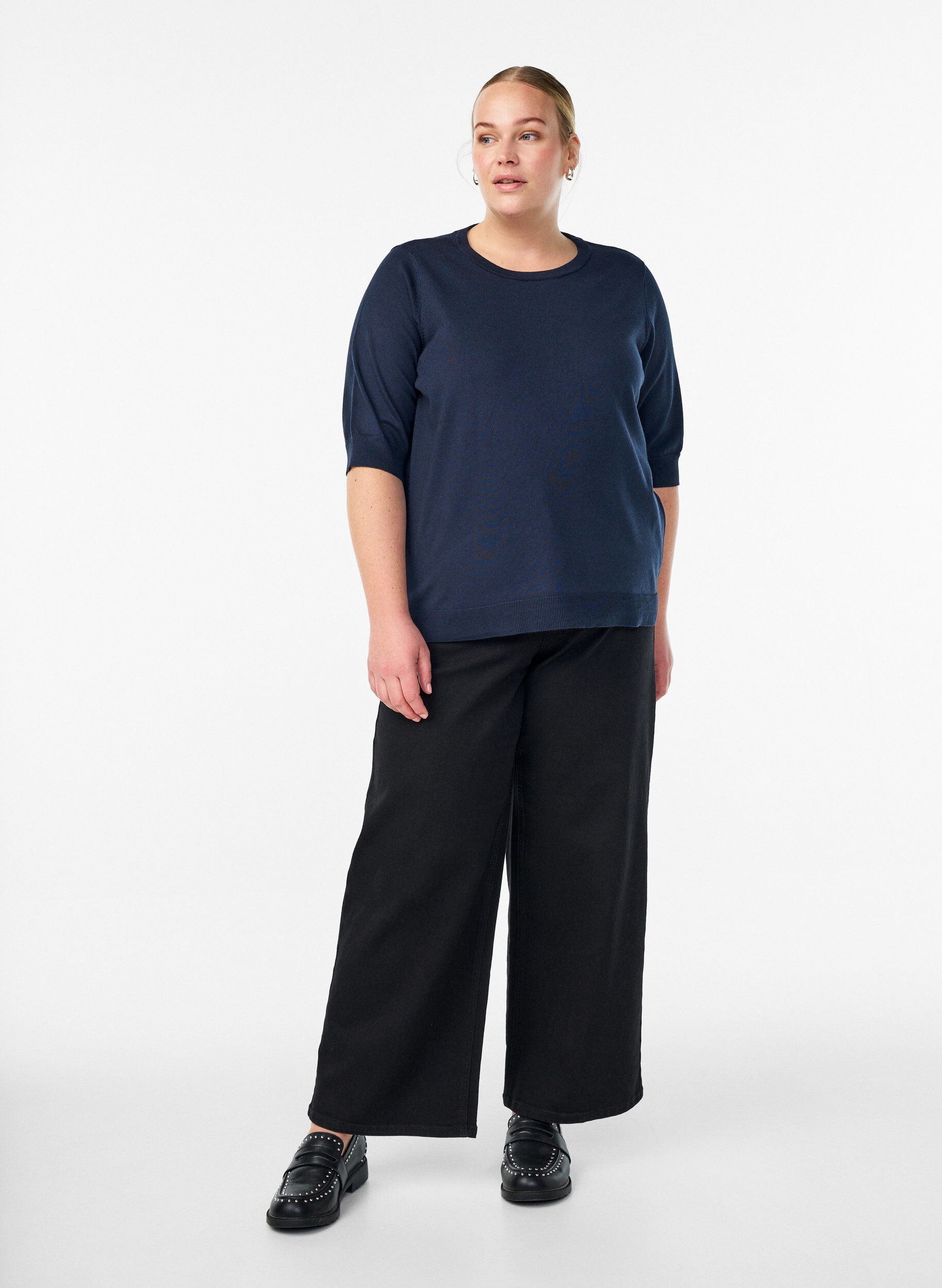 ZizziFinstrikket bluse med korte ermer, Bl&aring;, Model image number 1